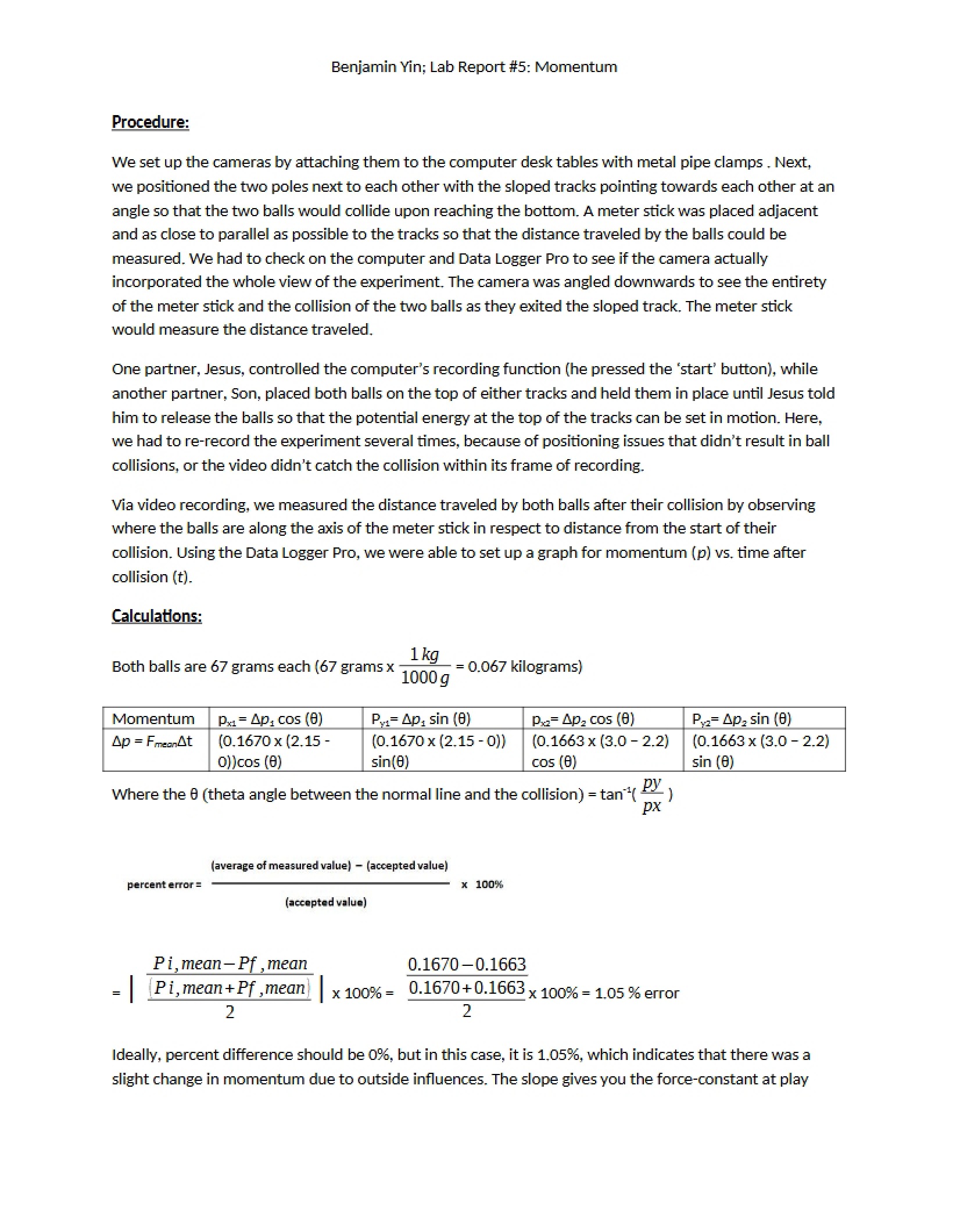Momentum Laboratory Report (No. 5)