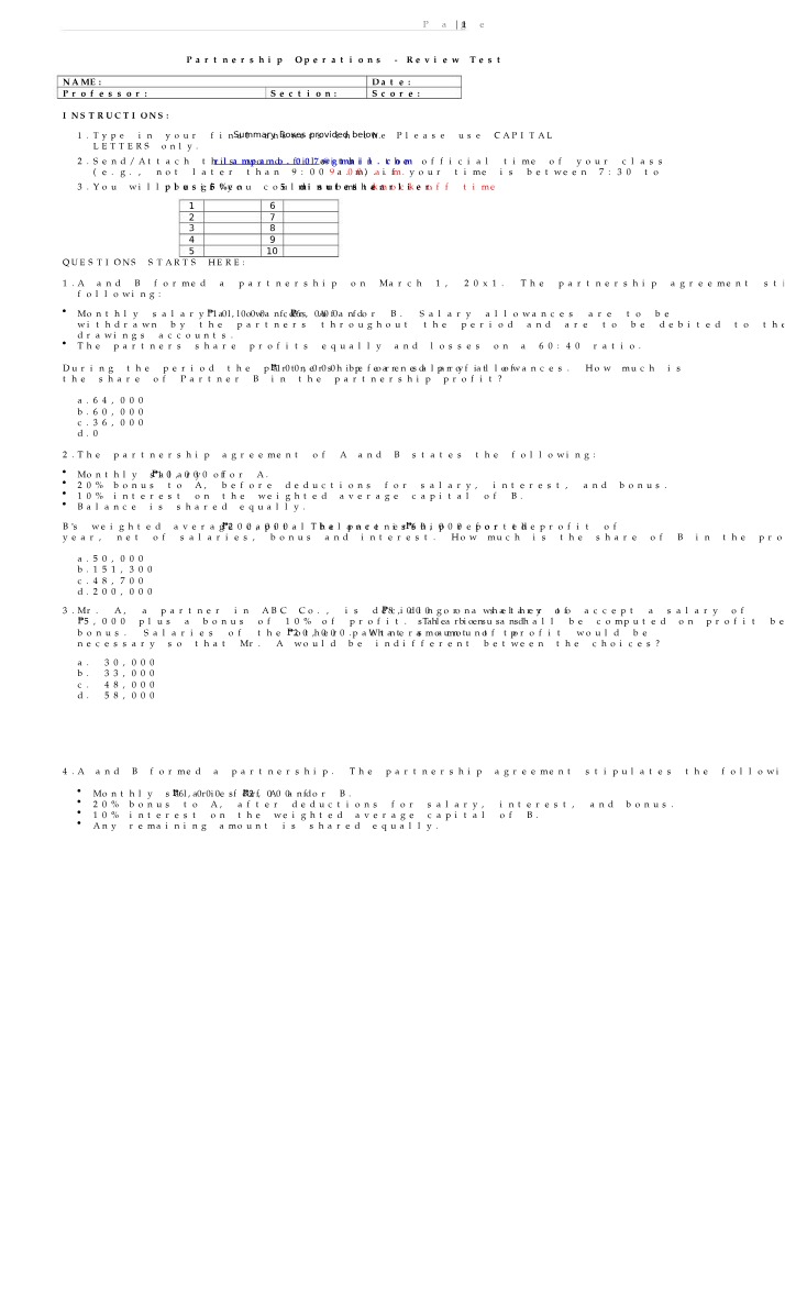 Review Test for Partnership Operations