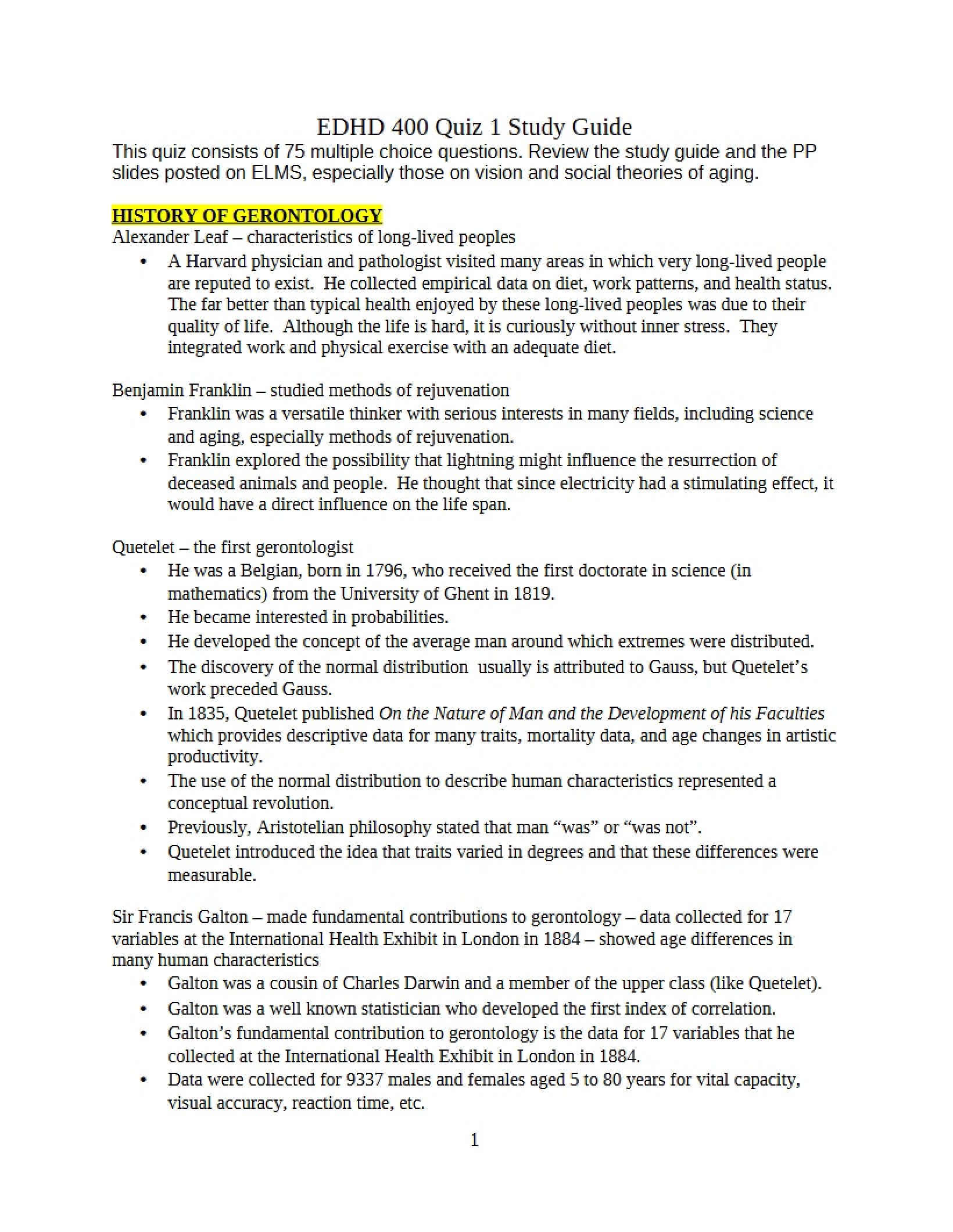 Study Guide for Quiz 1