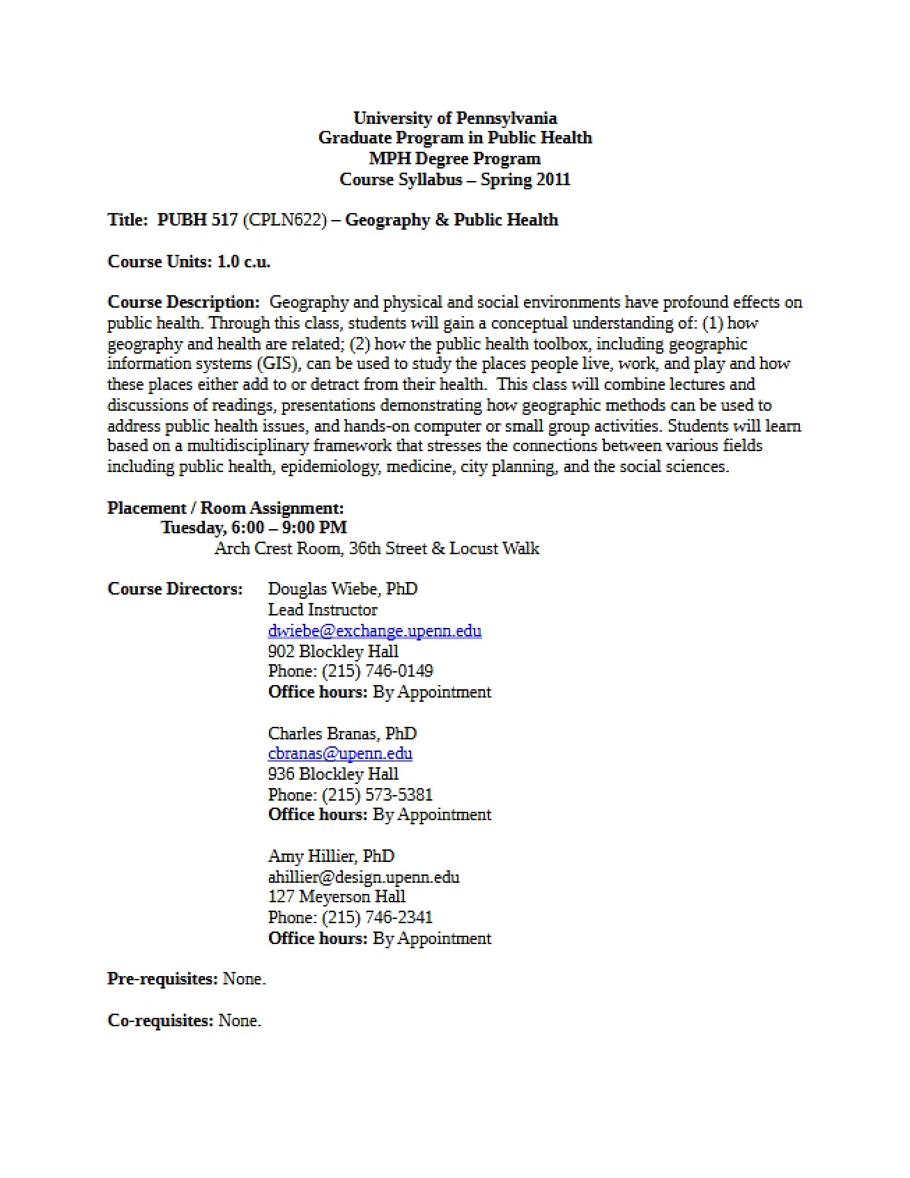 Epidemiologic Study of Geography and Health Syllabus