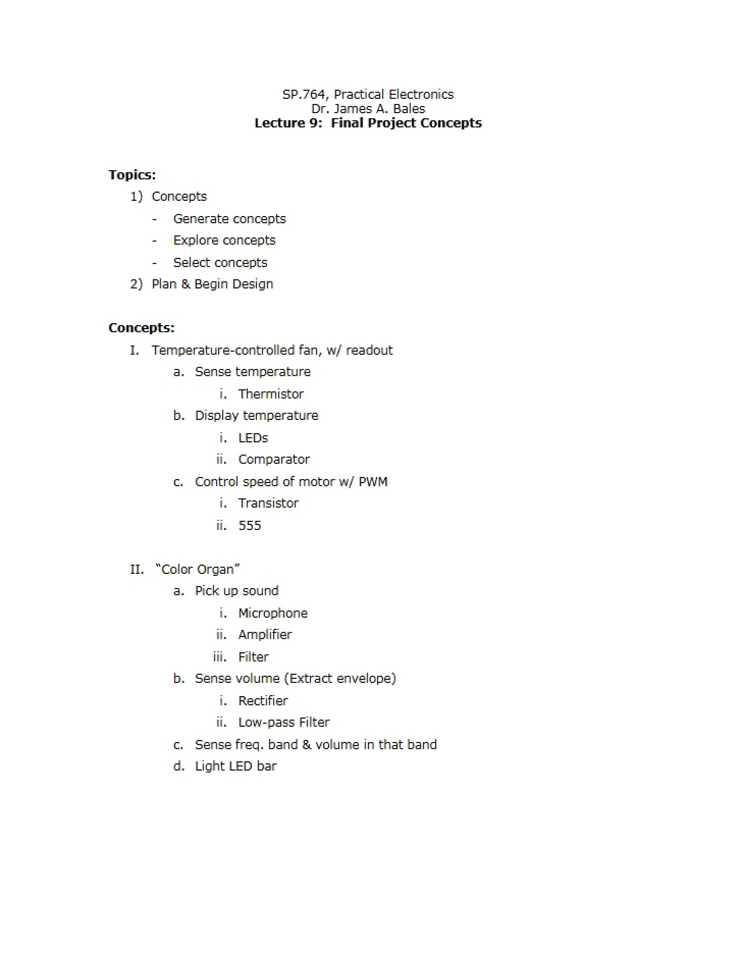 Final Project Concepts - Lecture Nine