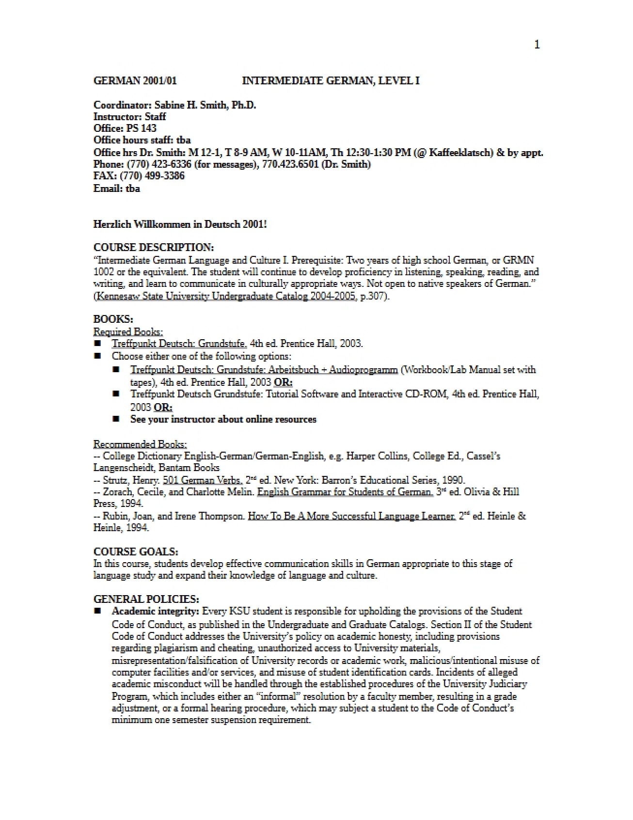 Instructional Guide for Intermediate German One