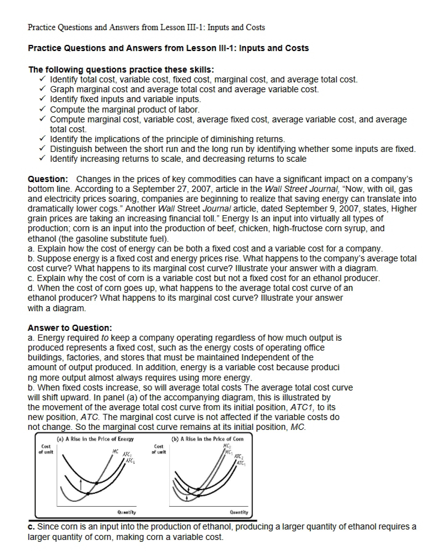 Lesson III-1 Practice Q&A (InputsCosts)