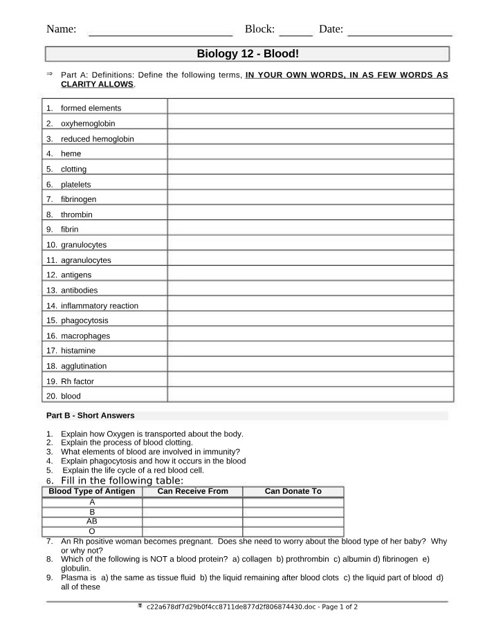 Blood Definitions, Functions, and Immunity
