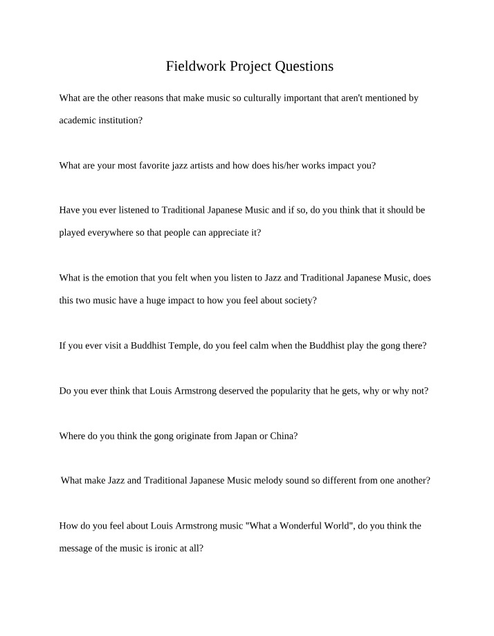 Project Questions for Fieldwork