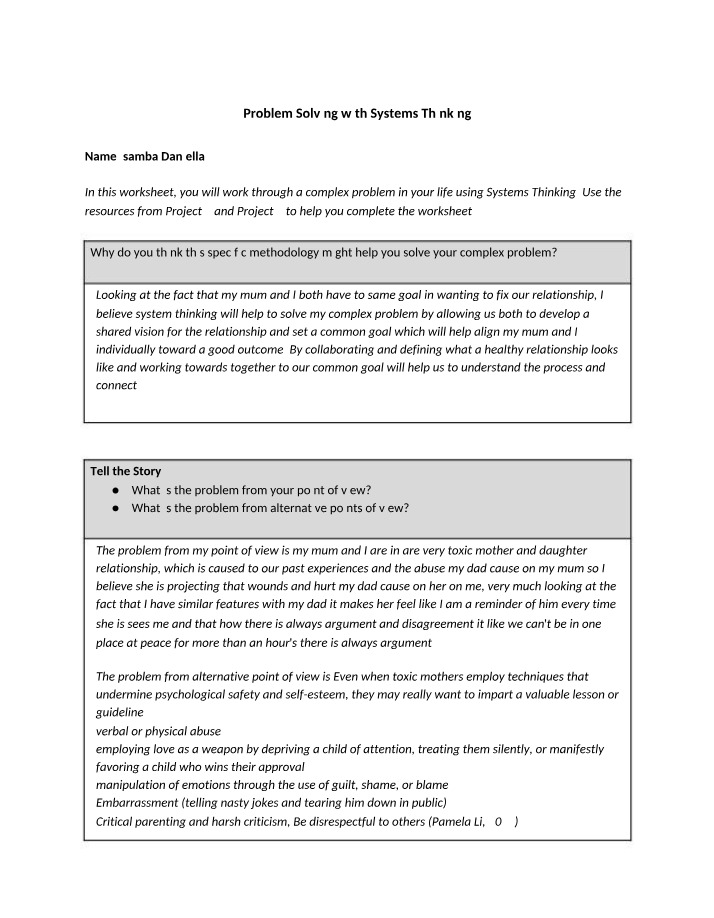 Worksheet on Problem Solving with Systems Thinking