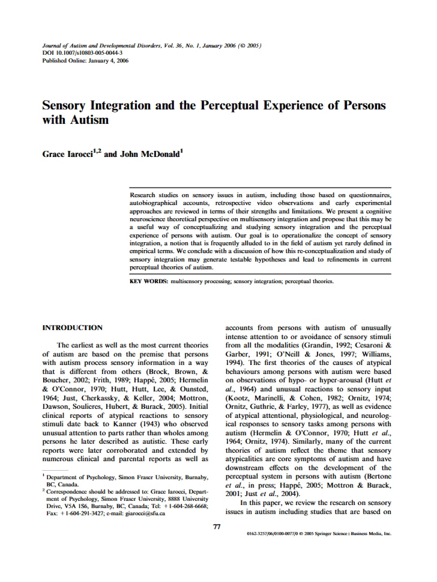 Persons with Autism Perceptual Experience and Sensory Integration