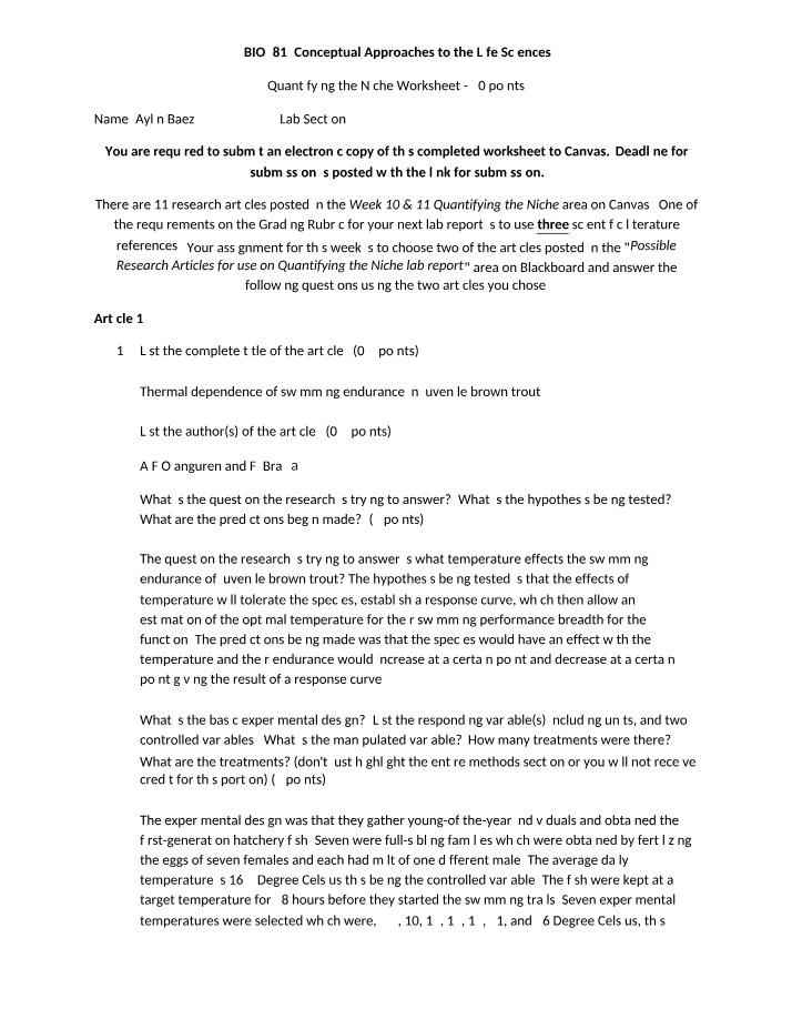 Worksheet on Quantifying the Niche