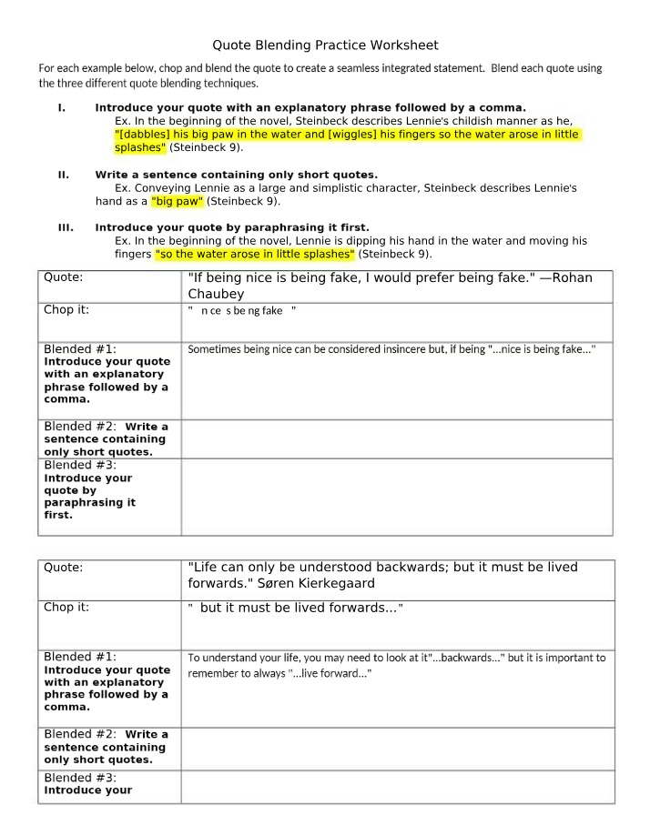 Worksheet for Quote Blending Practice