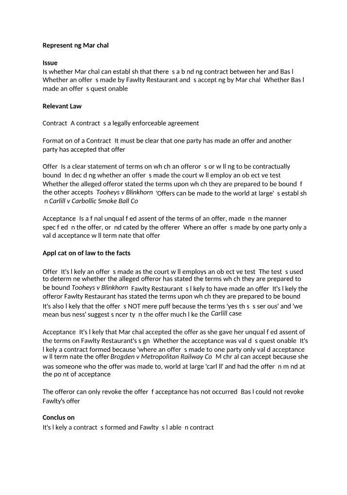 Contract Law Case Study - Representing Marichal and Basil