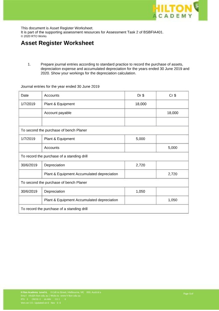 Worksheet for Asset Register