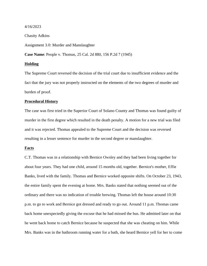 Murder and Manslaughter Assignment