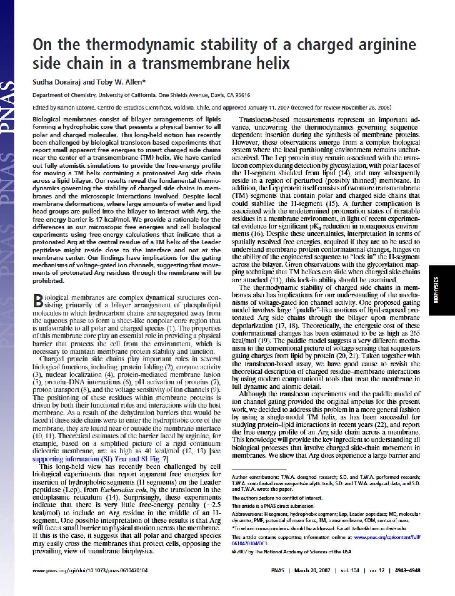 Transmembrane Helix Charged Arginine Side Chain Thermodynamic Stability