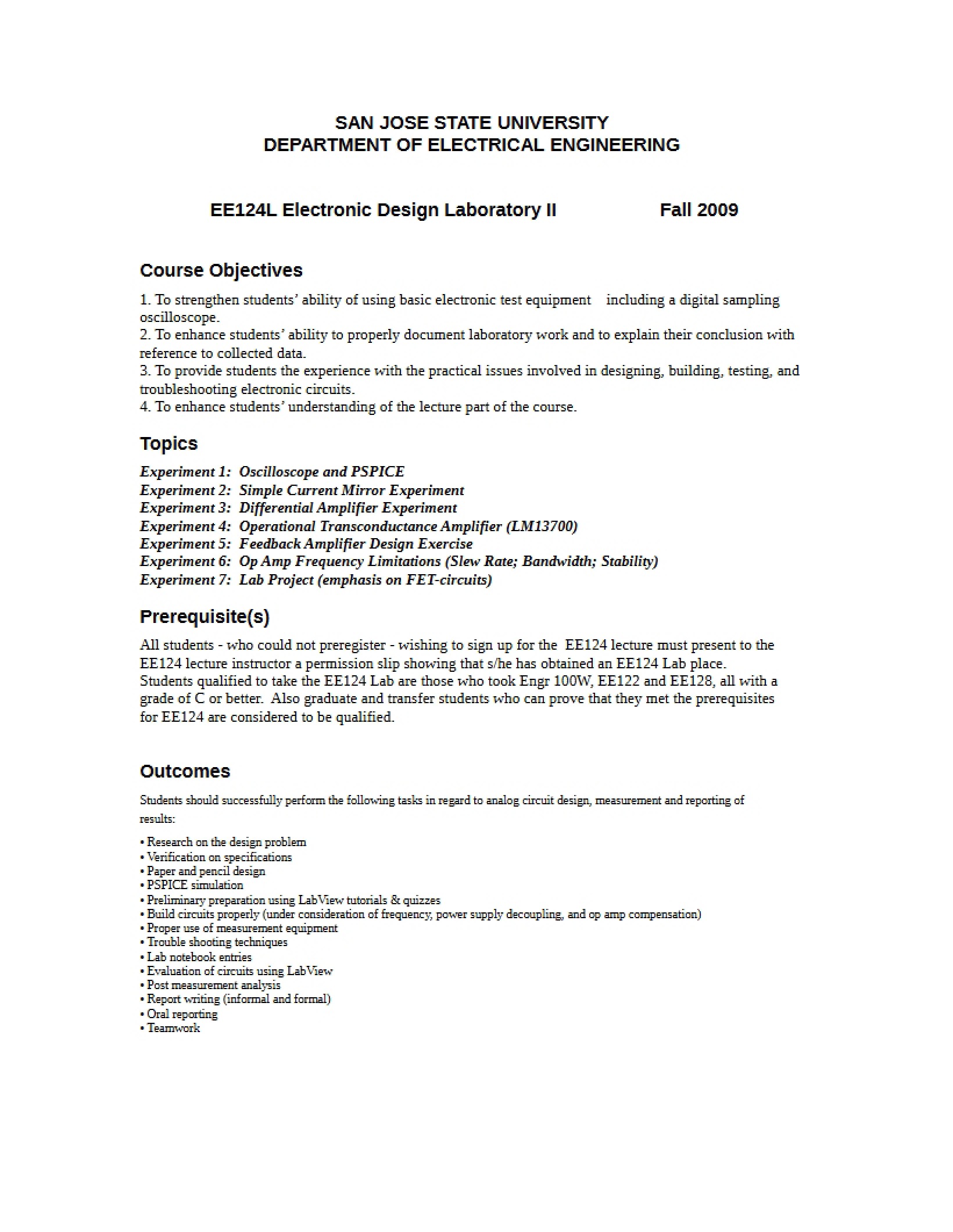 Syllabus for EE 124L