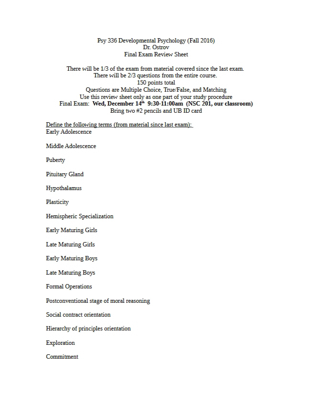 Fall 2016 Review Sheet Final Exam