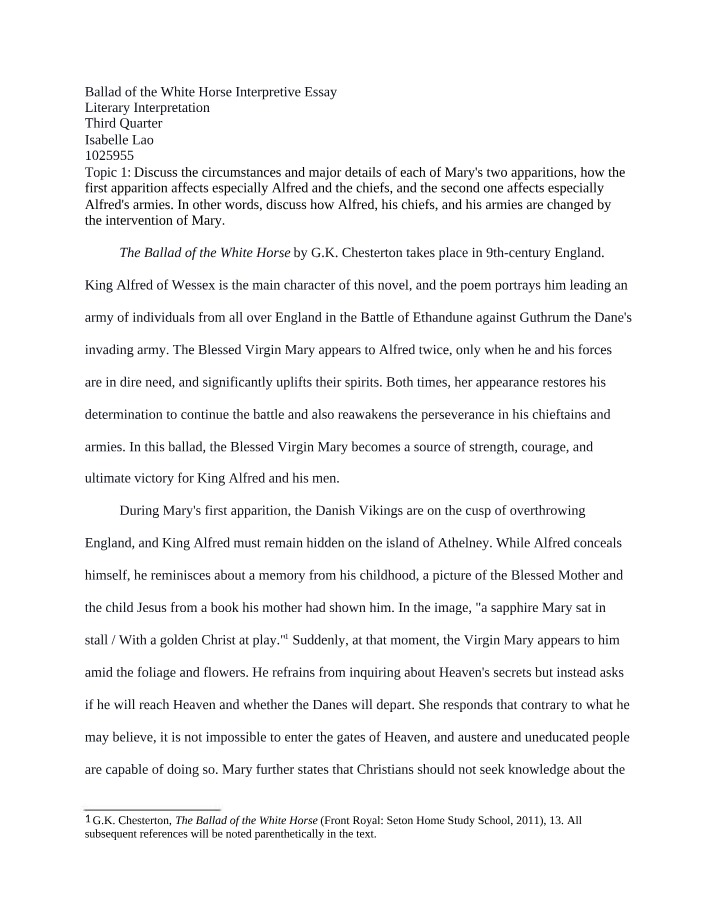 Impact of Mary's Apparitions in Ballad - Interpretive Essay