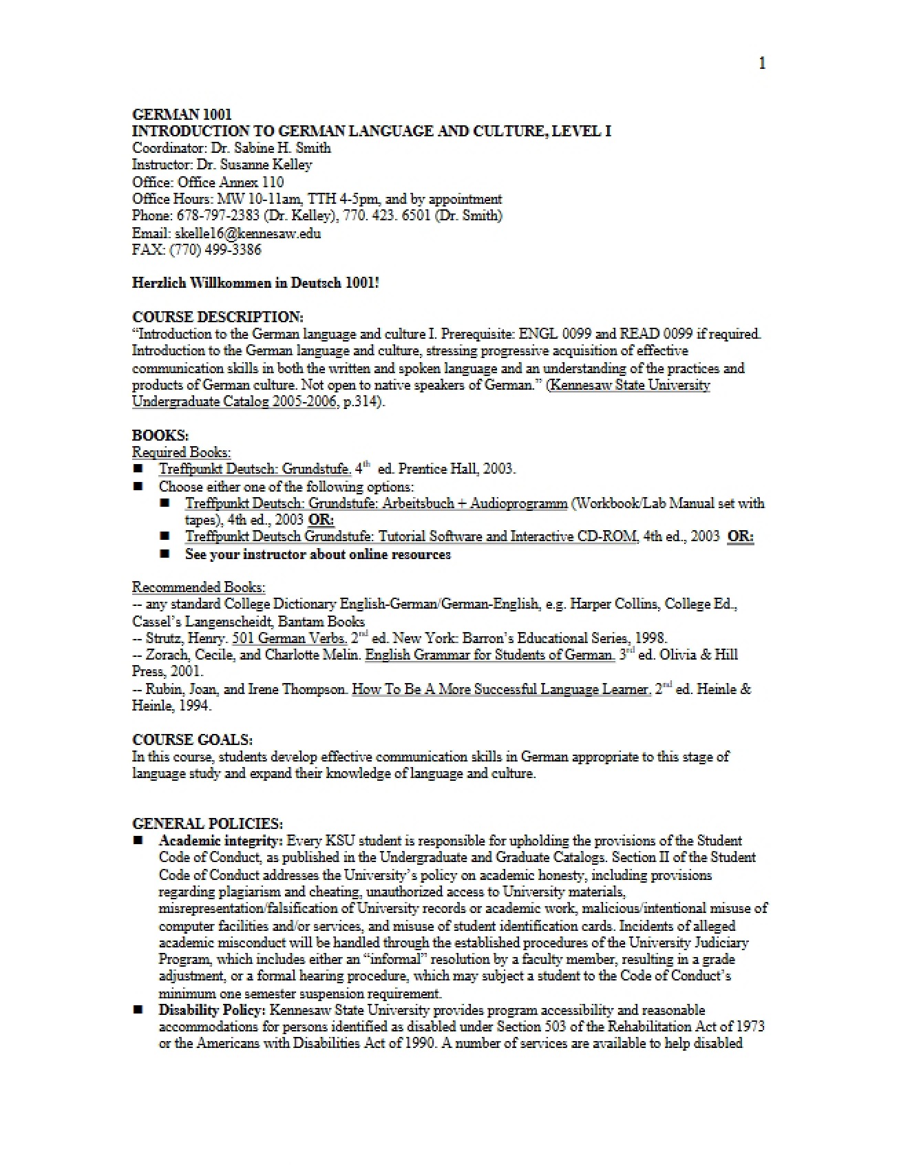 Introduction to German I Course Syllabus