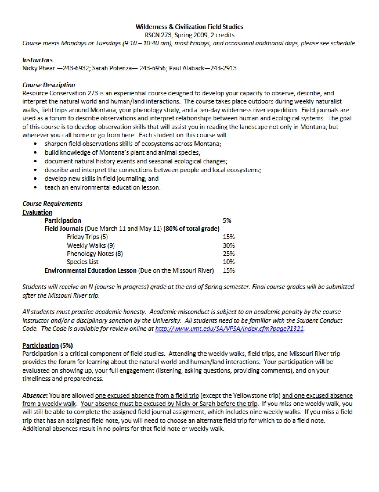 Wilderness Civilization Field Studies Syllabus