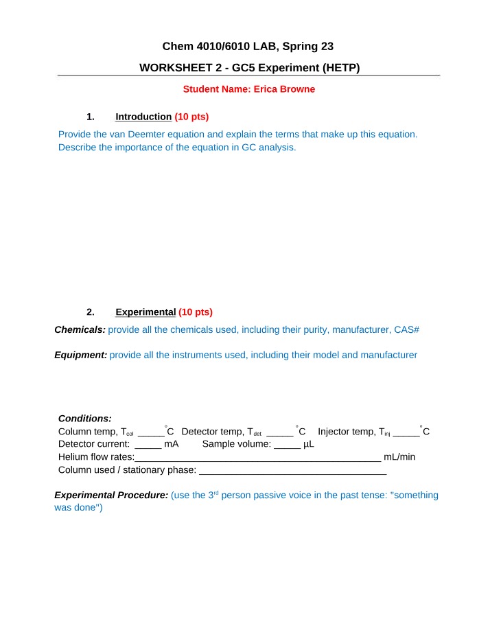 Worksheet for GC5 Experiment (HETP)