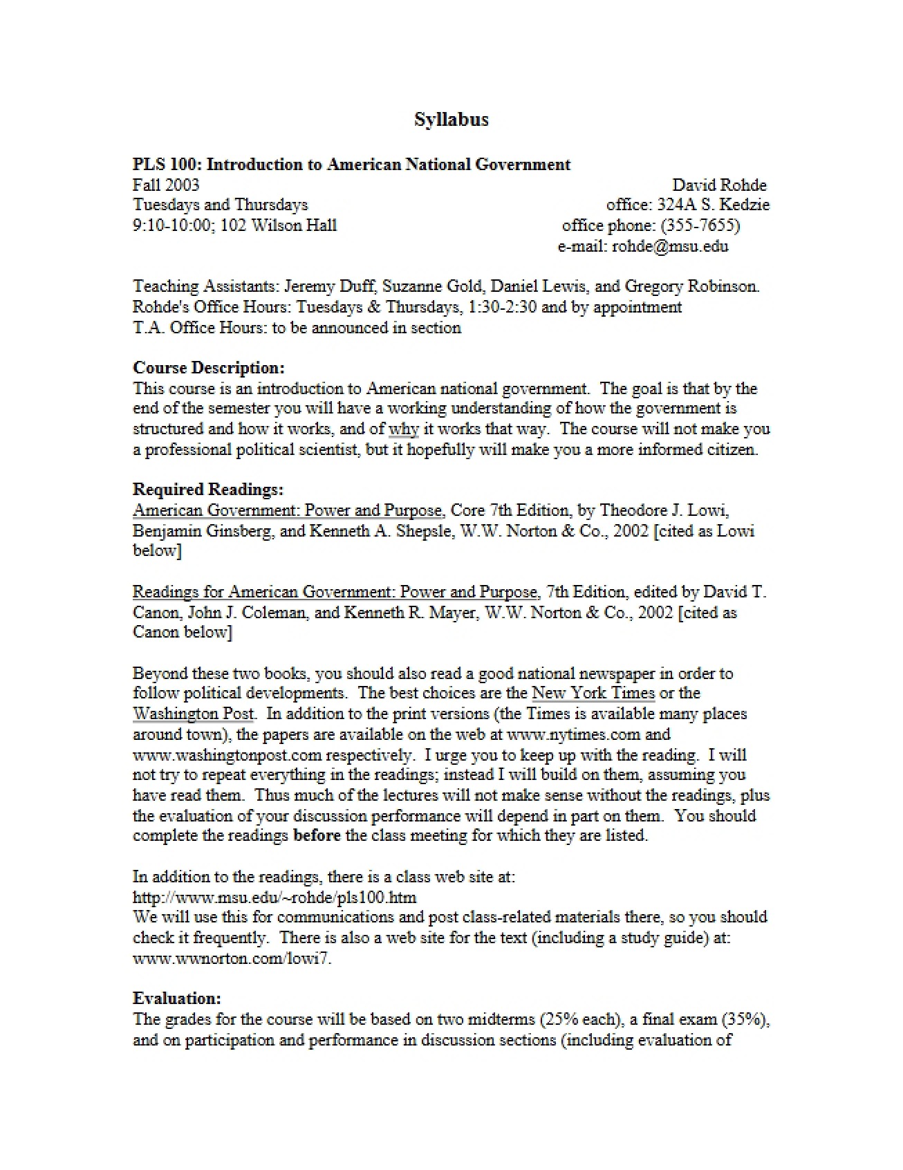 National Government Course Syllabus