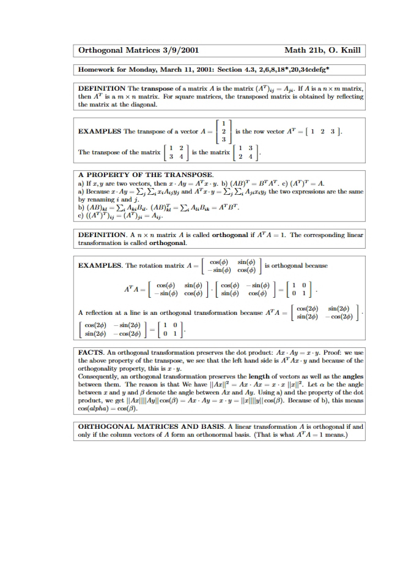 Properties of Orthogonal Matrix Sets