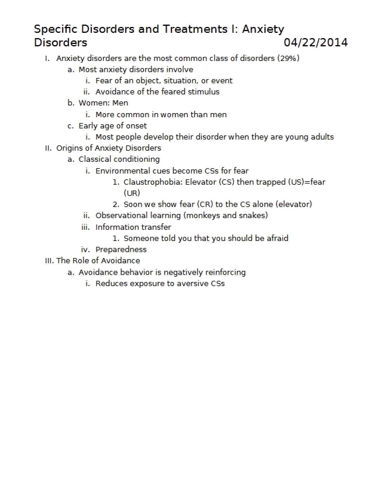 Specific Disorders and Treatments I Anxiety