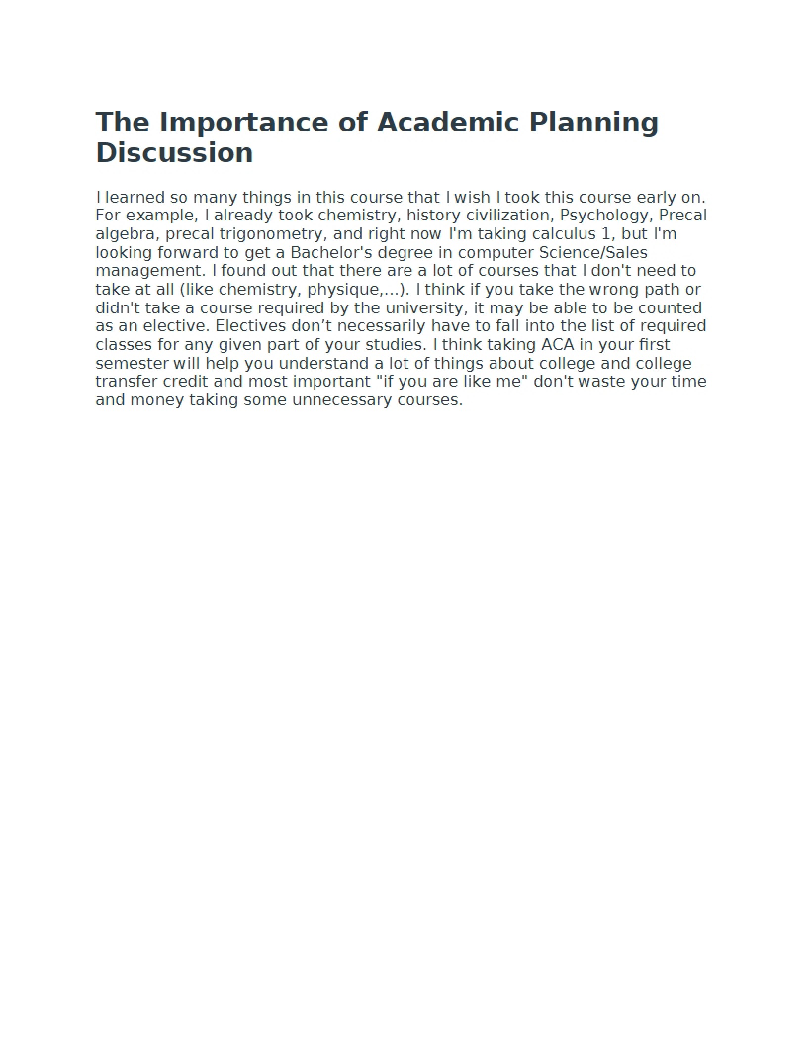 Essay Eight Discussion on Academic Planning