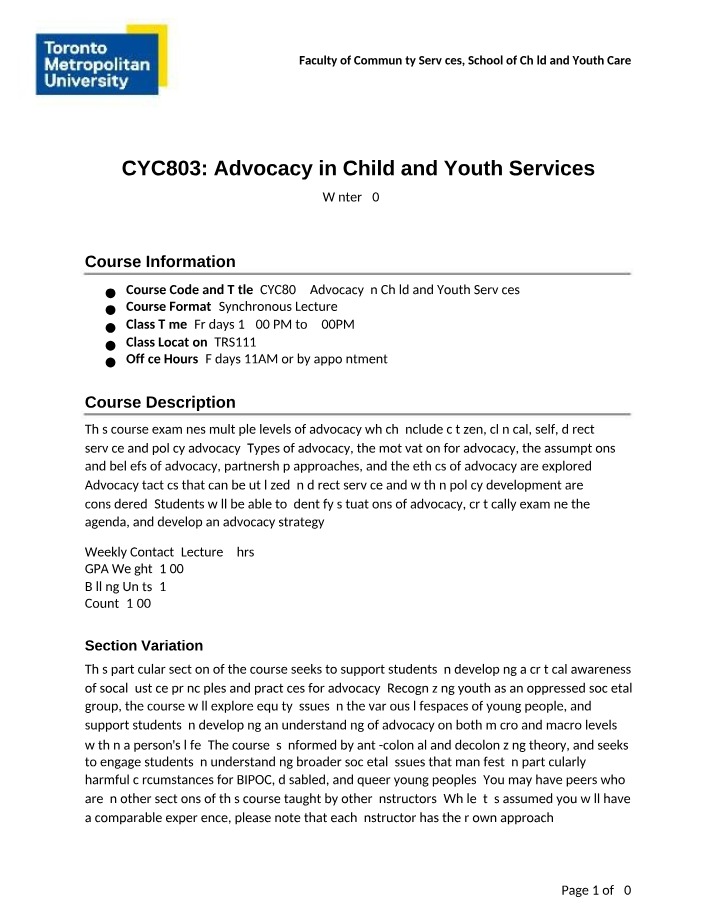 Syllabus for Advocacy in Child and Youth Services