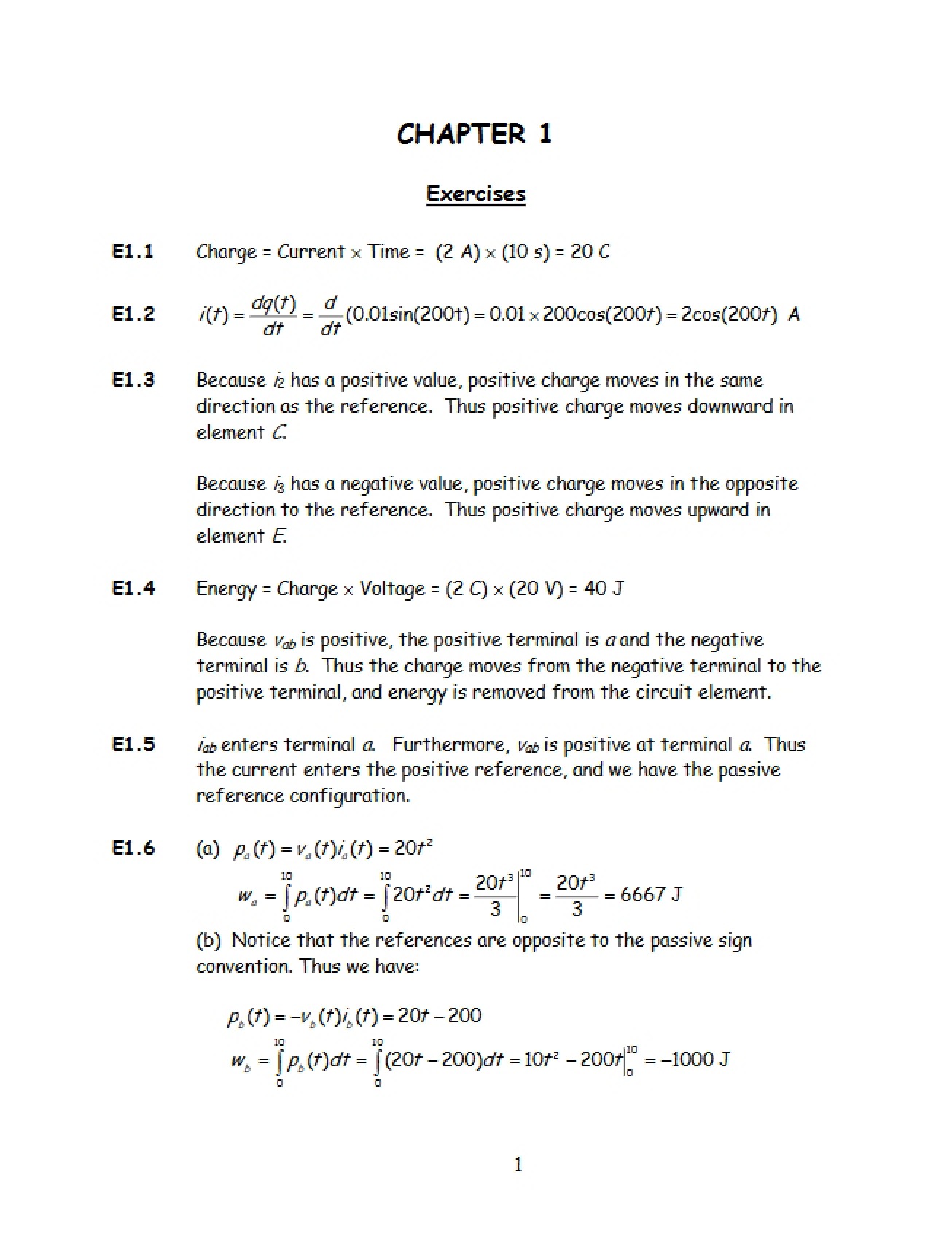 Solutions to the First Chapter of Principles of Electrical Engineering