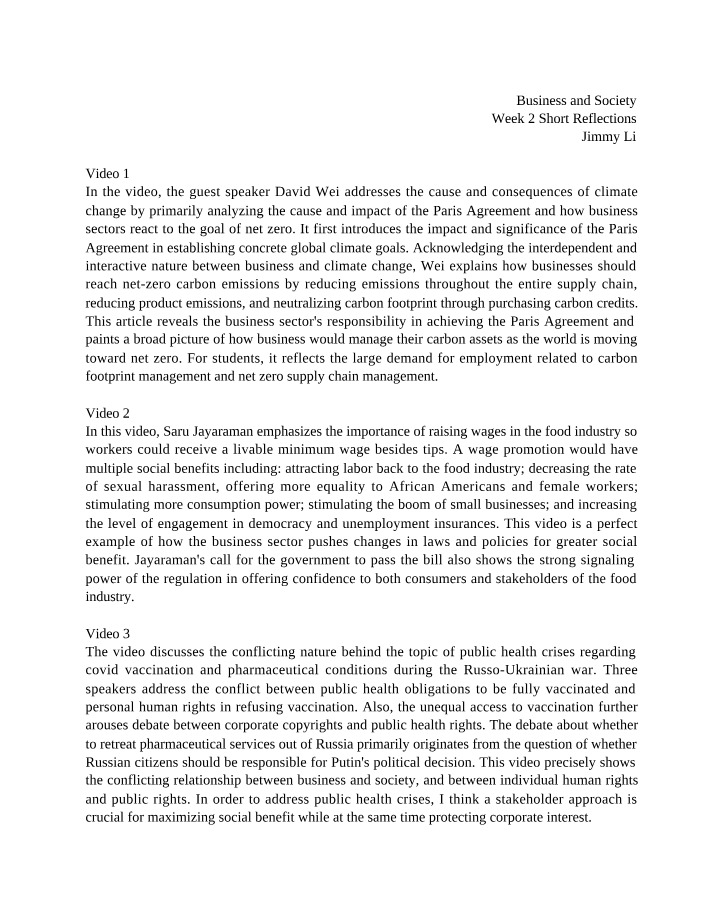Week 2 Reflections - Business and Society