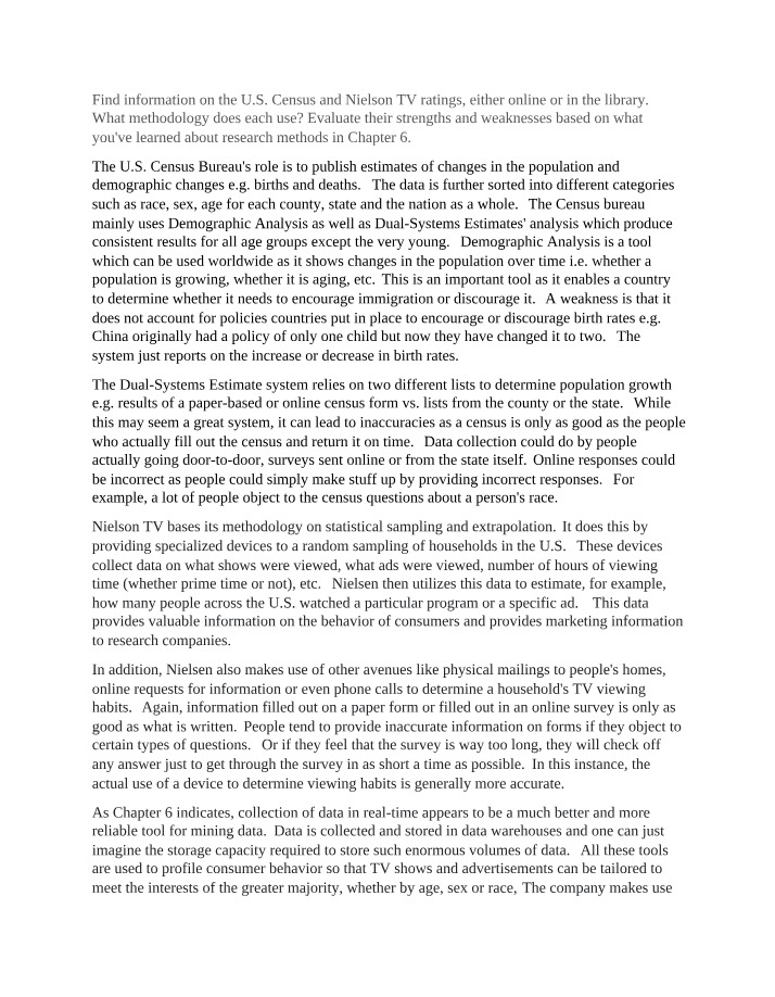 Research Methods - The U.S. Census and Nielsen TV Ratings