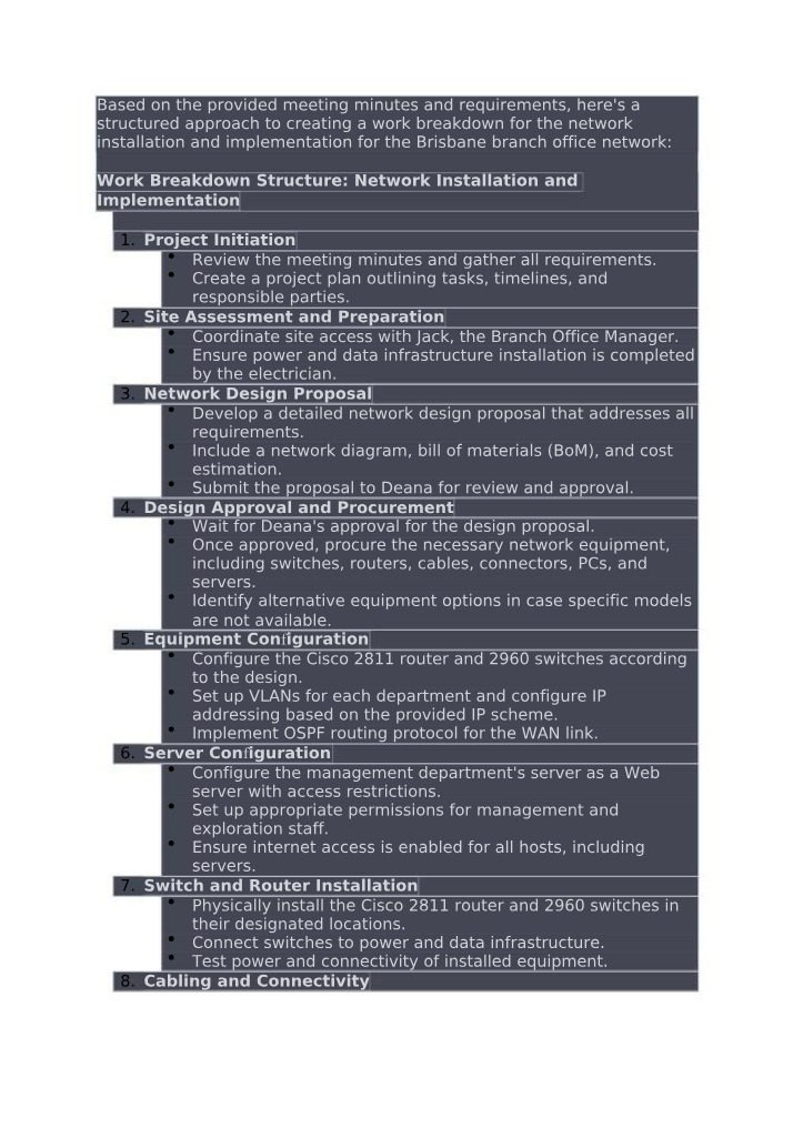 Work Breakdown Structure for Network Installation and Implementation