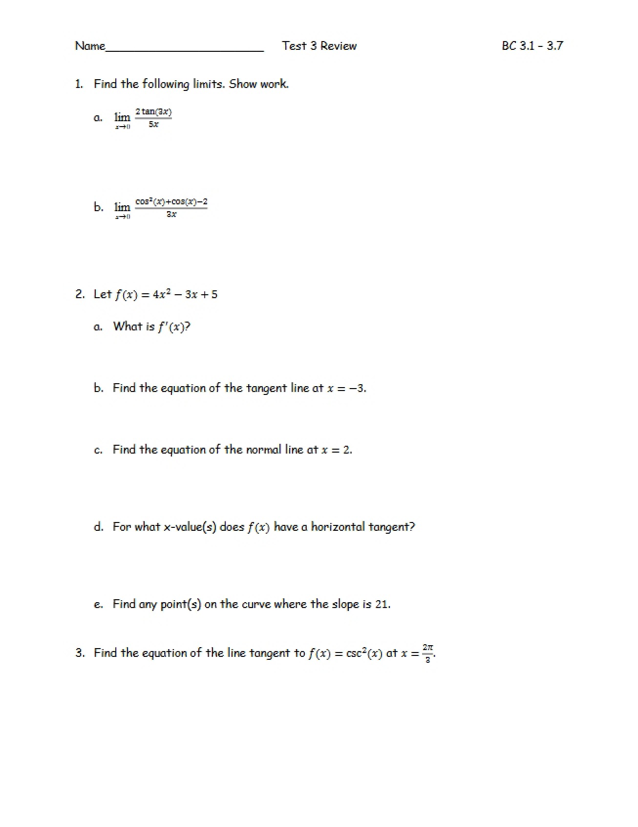 Review for Test 3