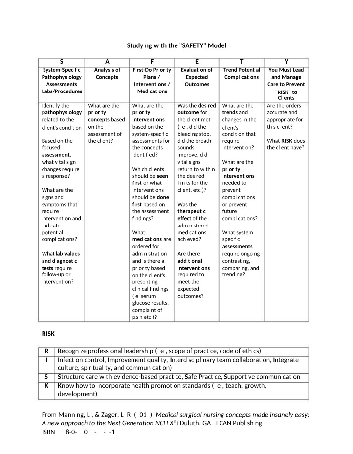 SAFETY Model Study Guide and Tool for Effective Nursing Care