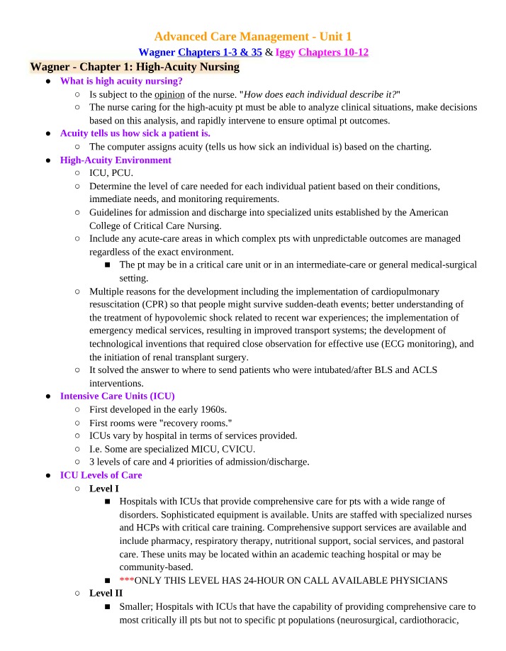 High-Acuity Nursing Care - Environment and ICU