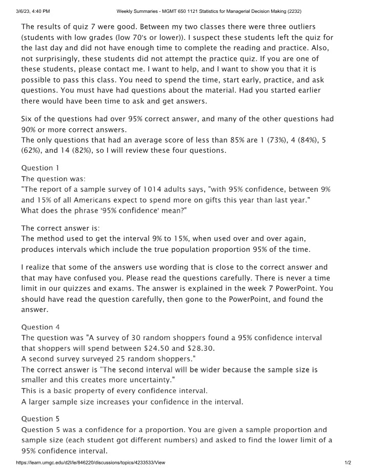Weekly Summaries MGMT 650 Statistics Part 1