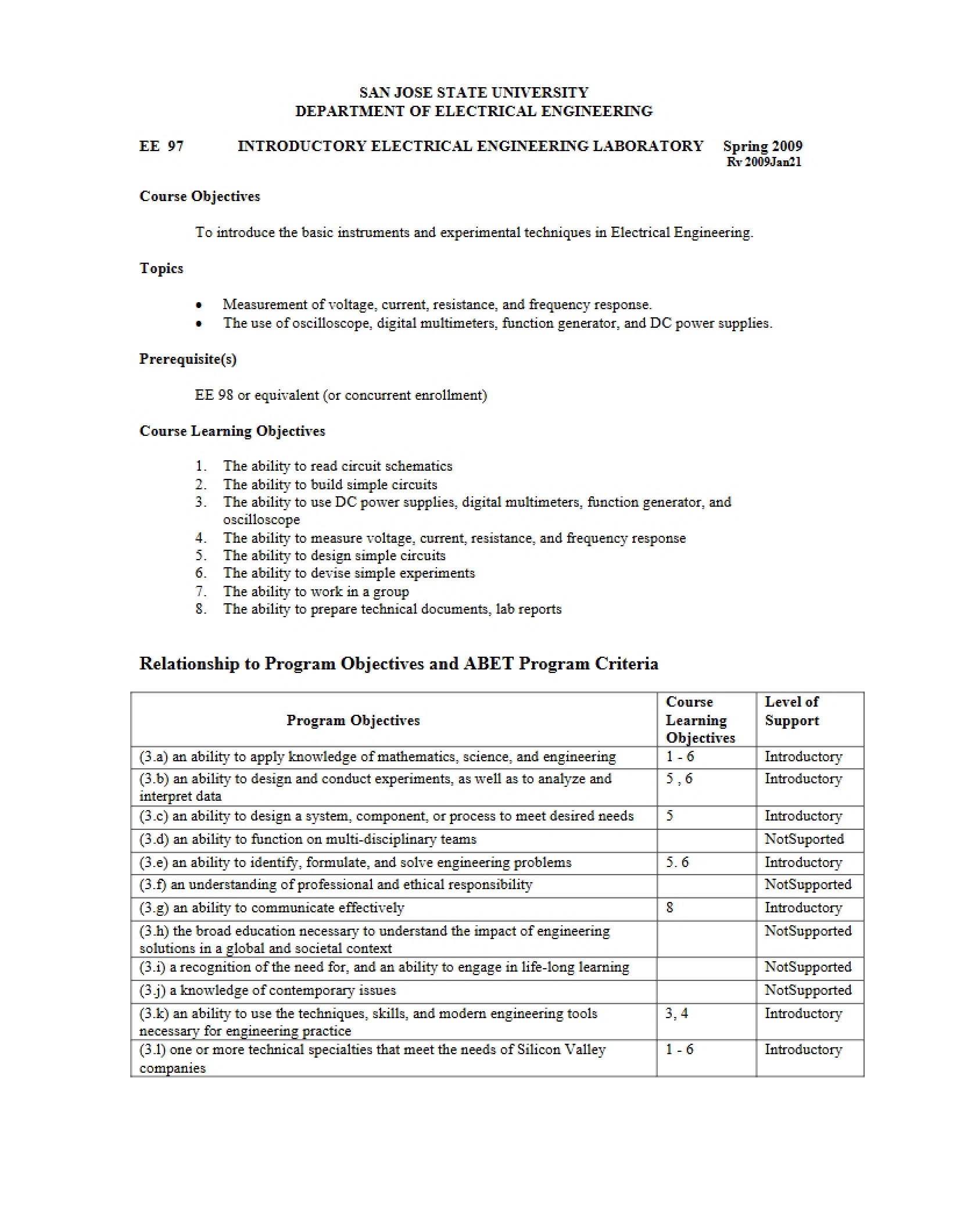 Introductory EE Lab Syllabus