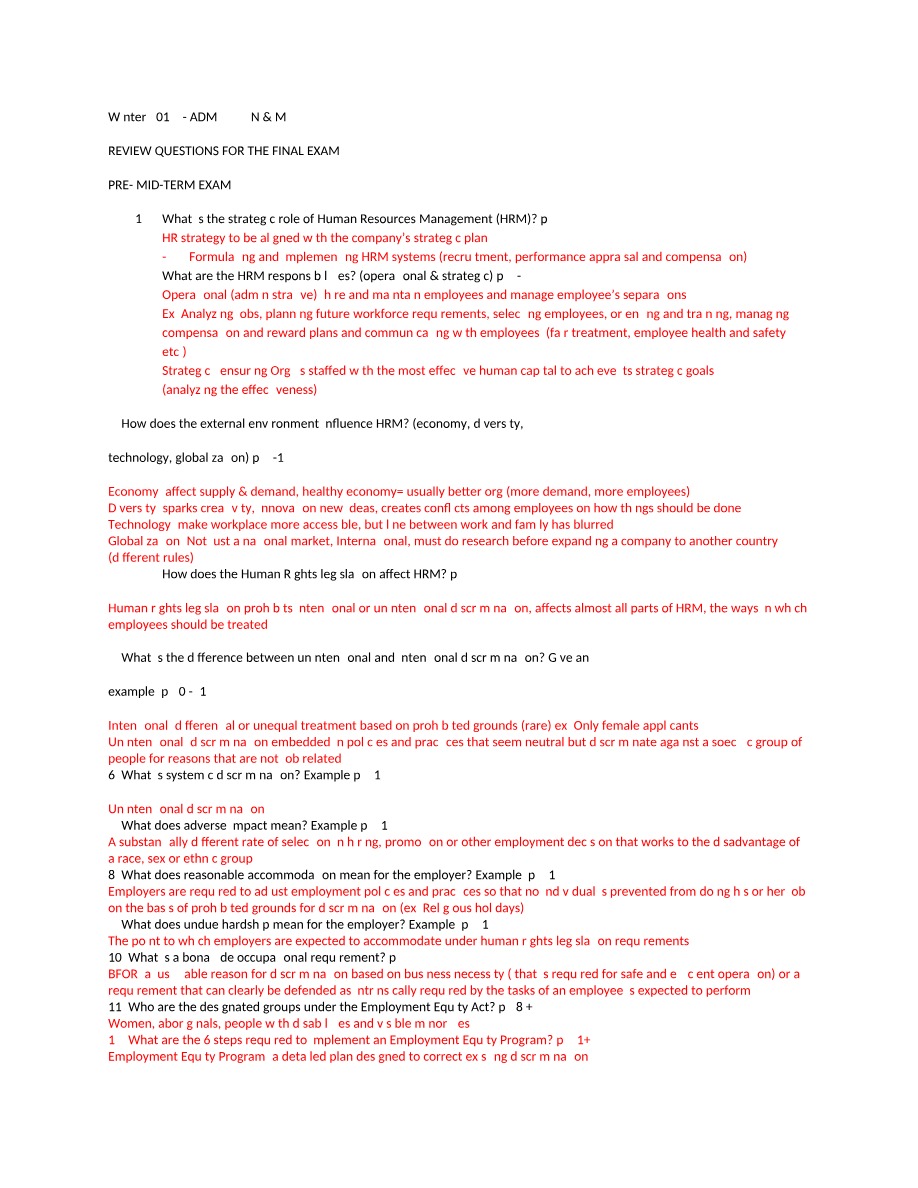 Winter 2012 Final Exam Review Questions - ADM 2337