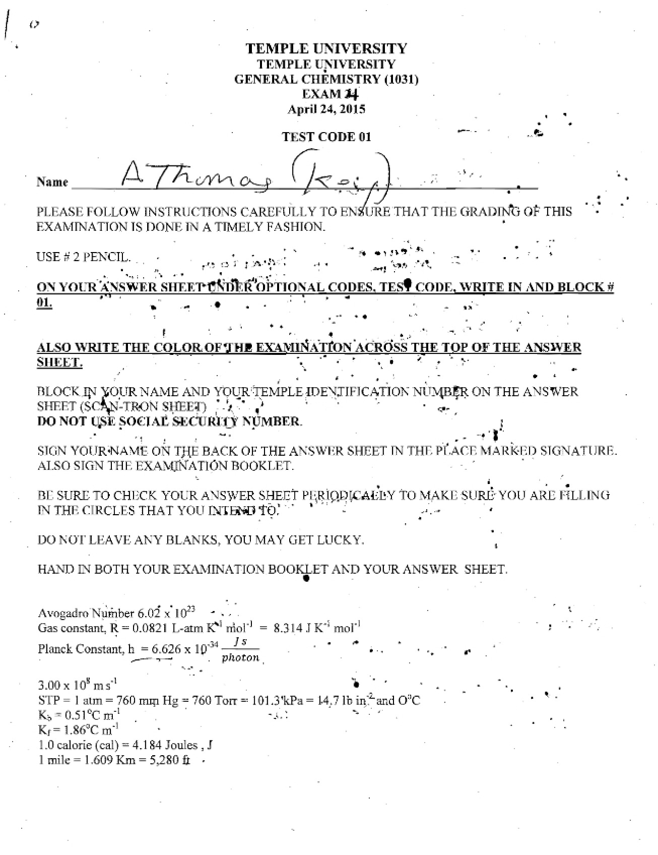 Fourth General Chemistry Exam