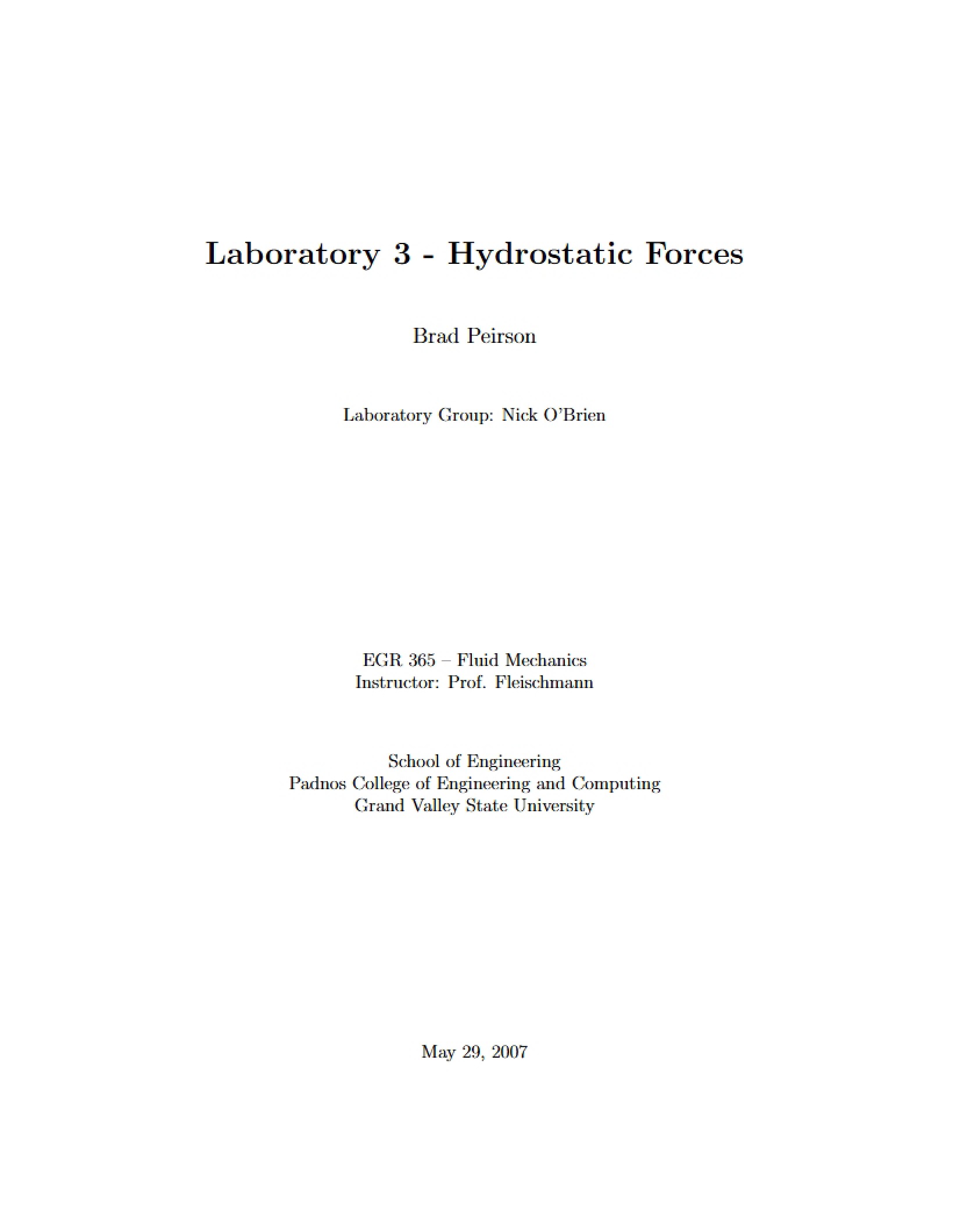 Laboratory 3 Hydrostatic Forces