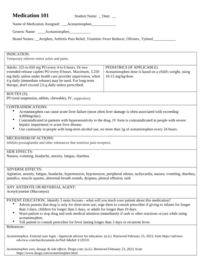 Acetaminophen Medication Notes