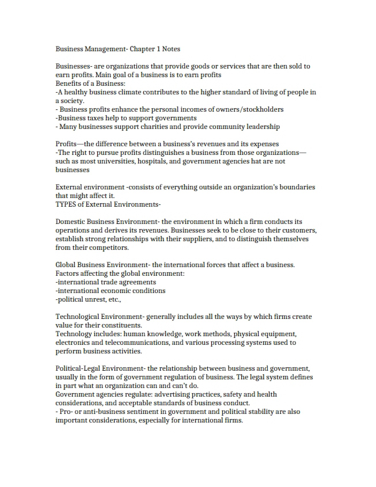 Notes on Business Management Chapter 1