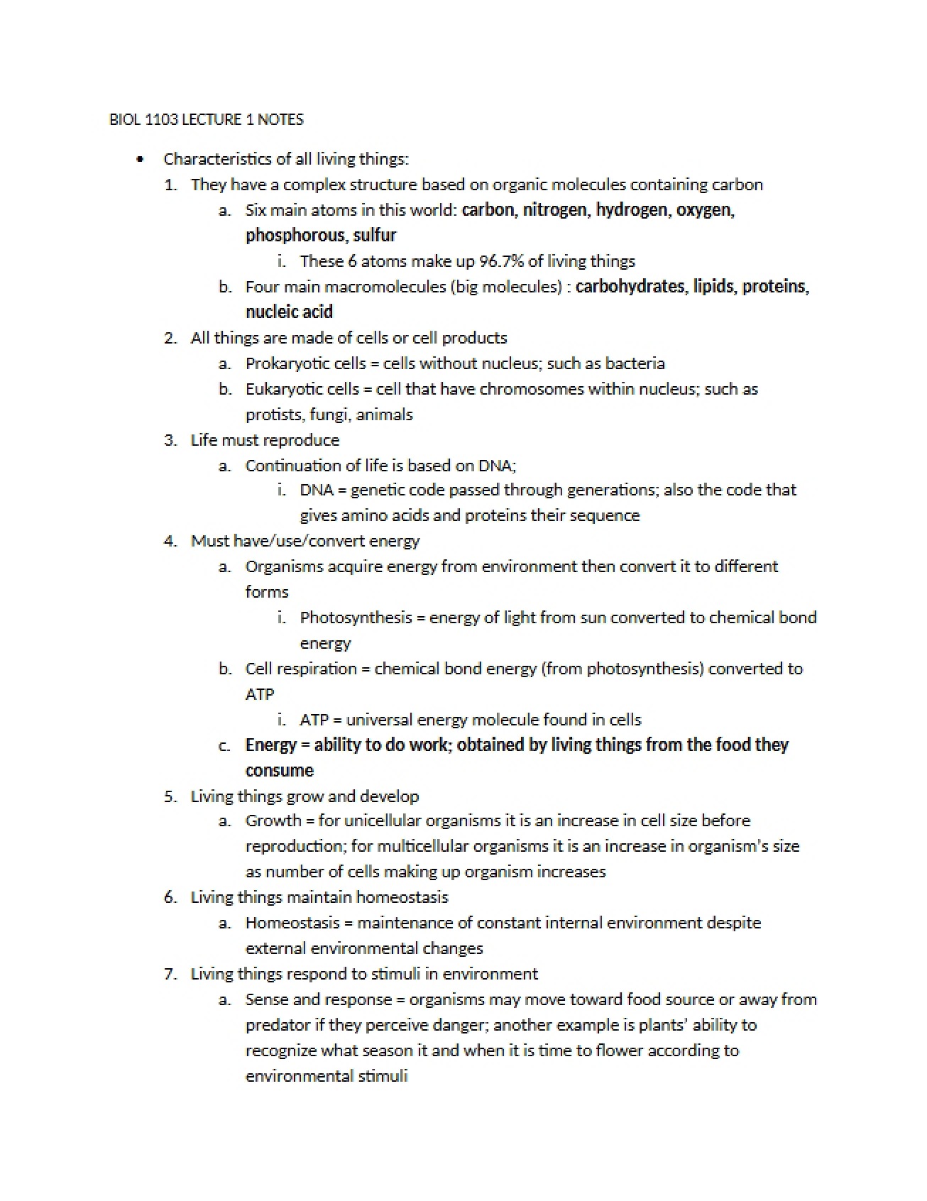 Lecture 1 Notes - Concepts in Biology