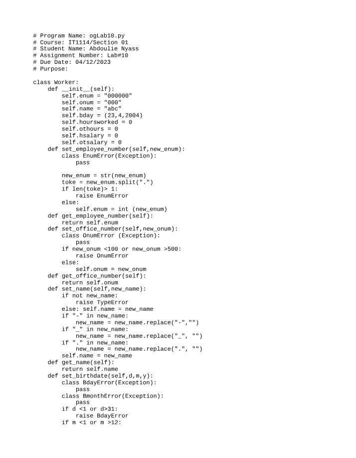 Worker Class Python Program for Tracking Employee Information