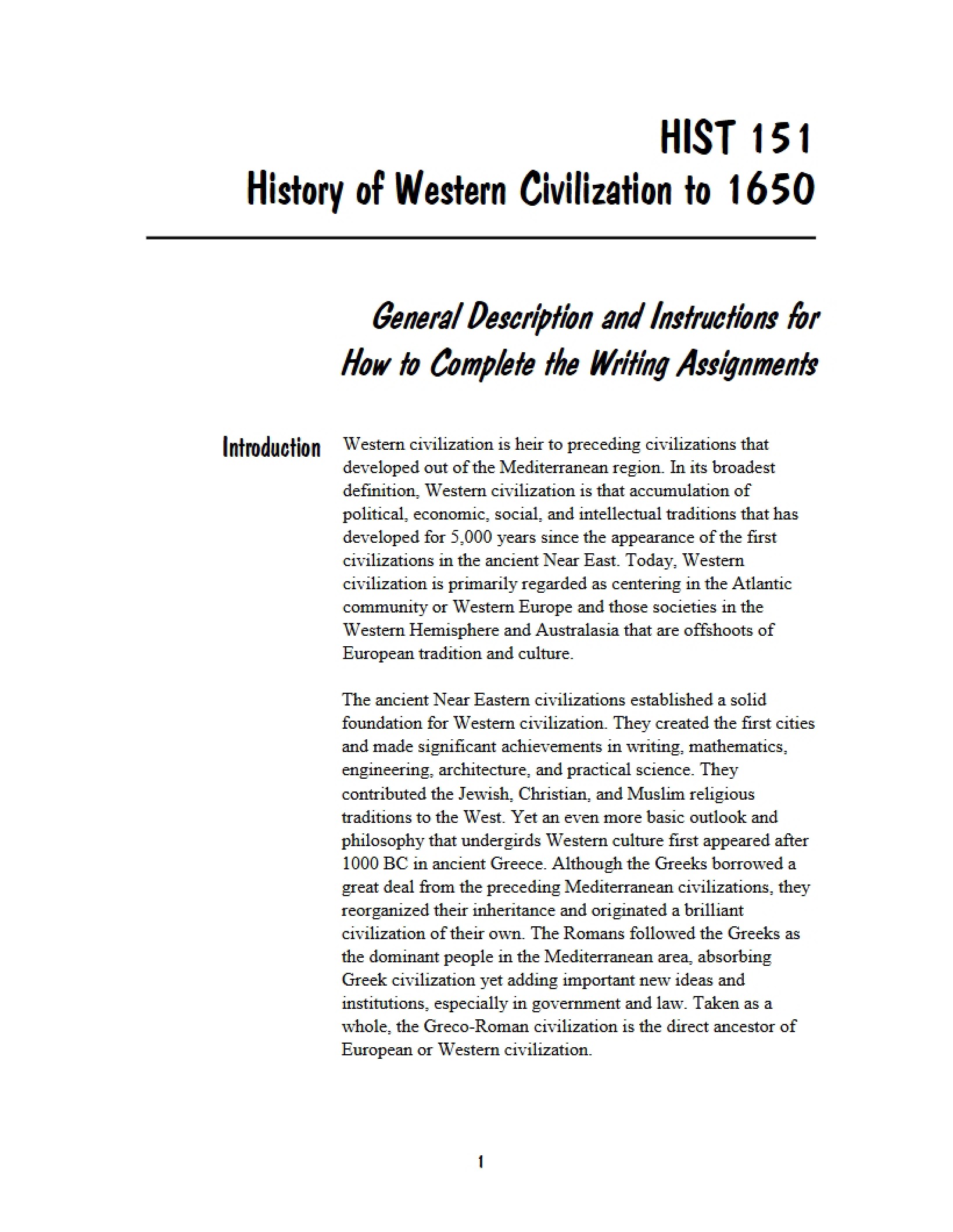 Western Civilization I Syllabus