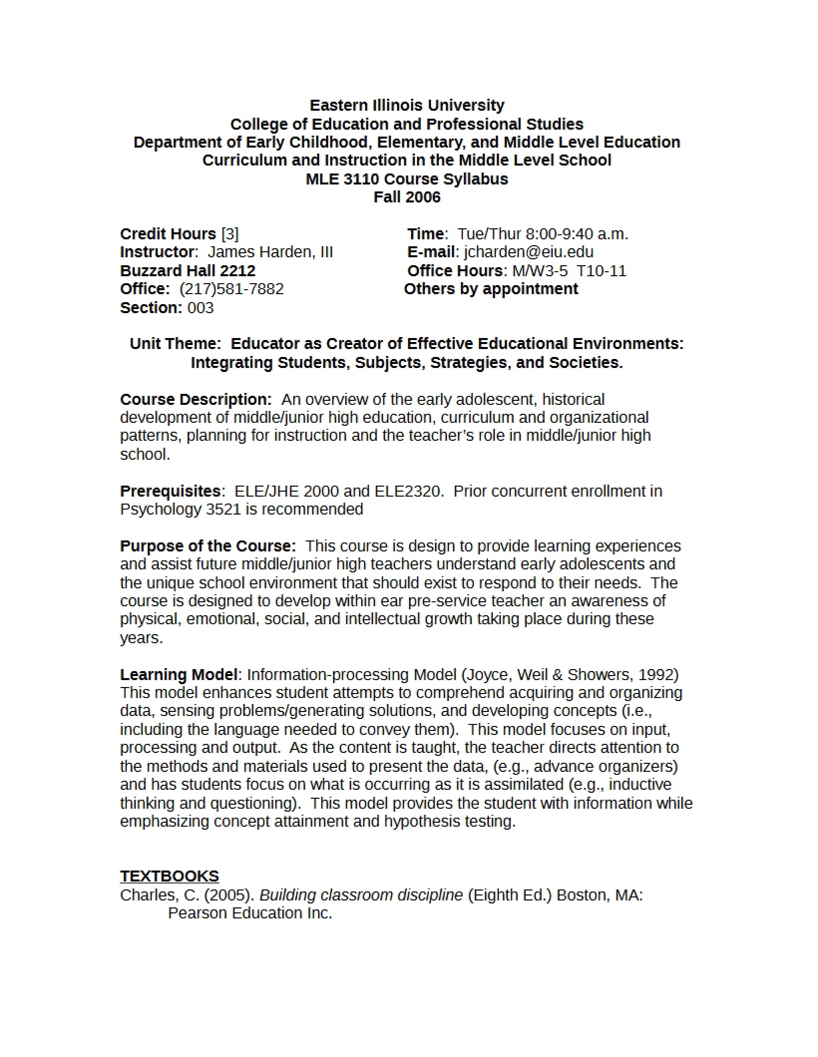 Syllabus for Curriculum in Middle Level School (10)