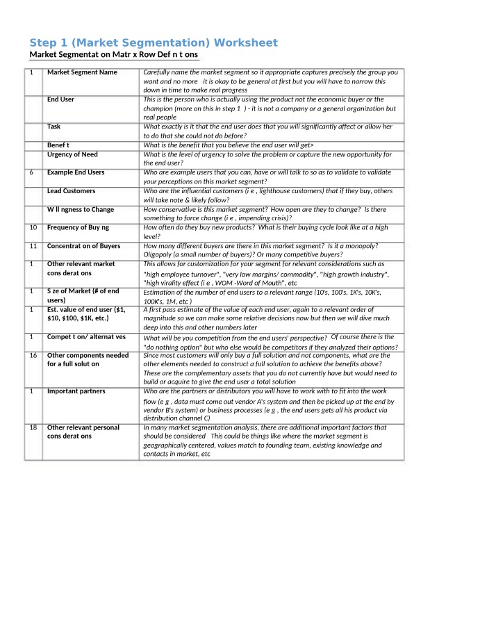 Worksheet for Market Segmentation