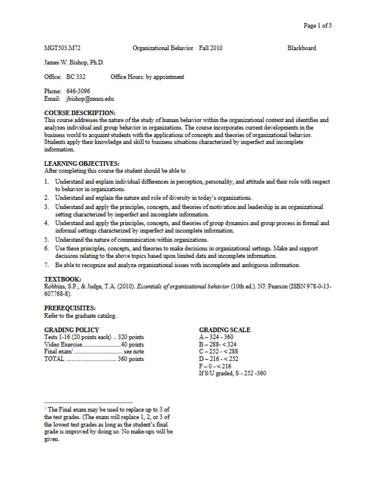 Organizational Behavior and Management Processes Syllabus - Fall 2010 - Bishop