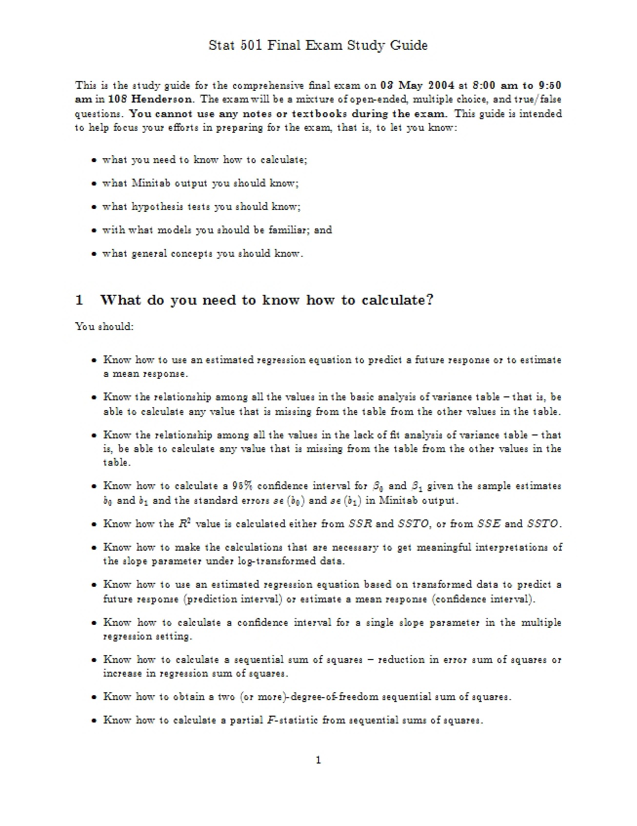 Study Guide for Exam