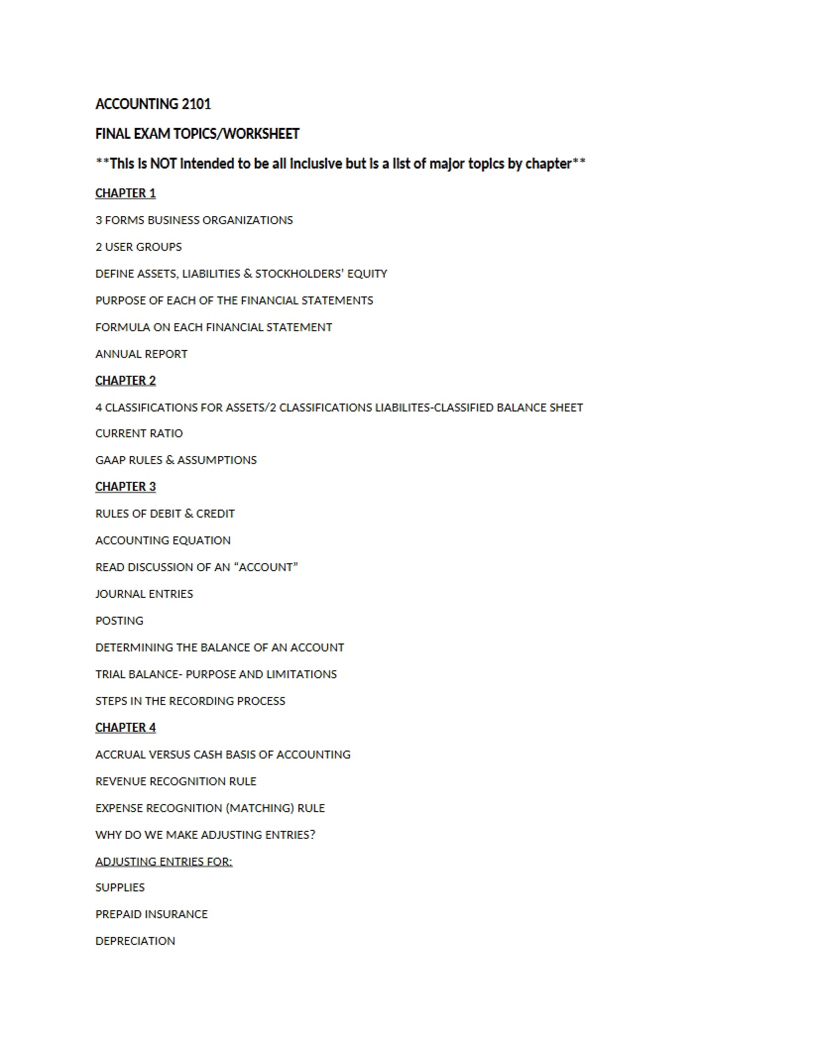 Worksheet for Final Examination Topics